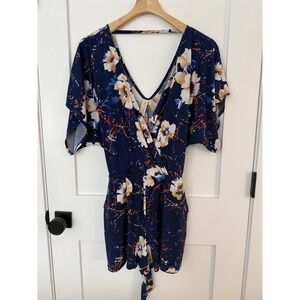 Allison Joy Blue Flowered Romper Short Sleeve Flowy Casual Vacation Size S/M